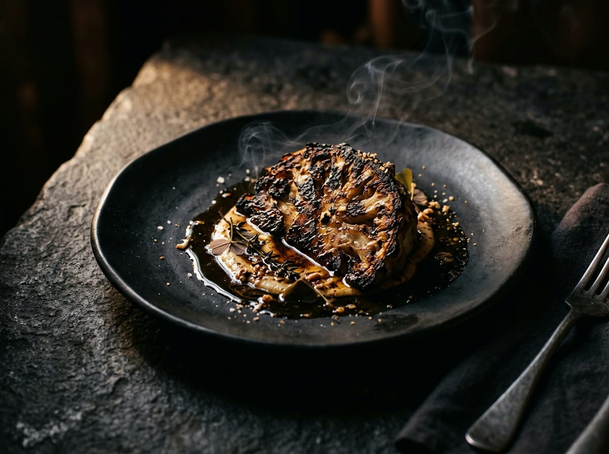 Hiilloksella paistettu selleri mustalla keramiikalla