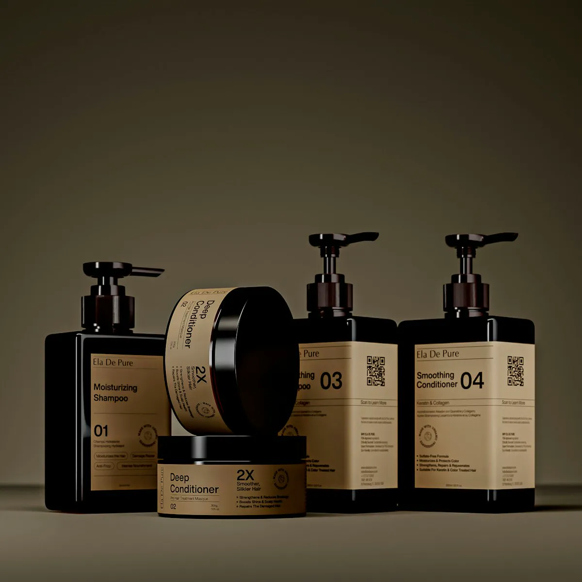 Shelf of professional hair care products in warm light